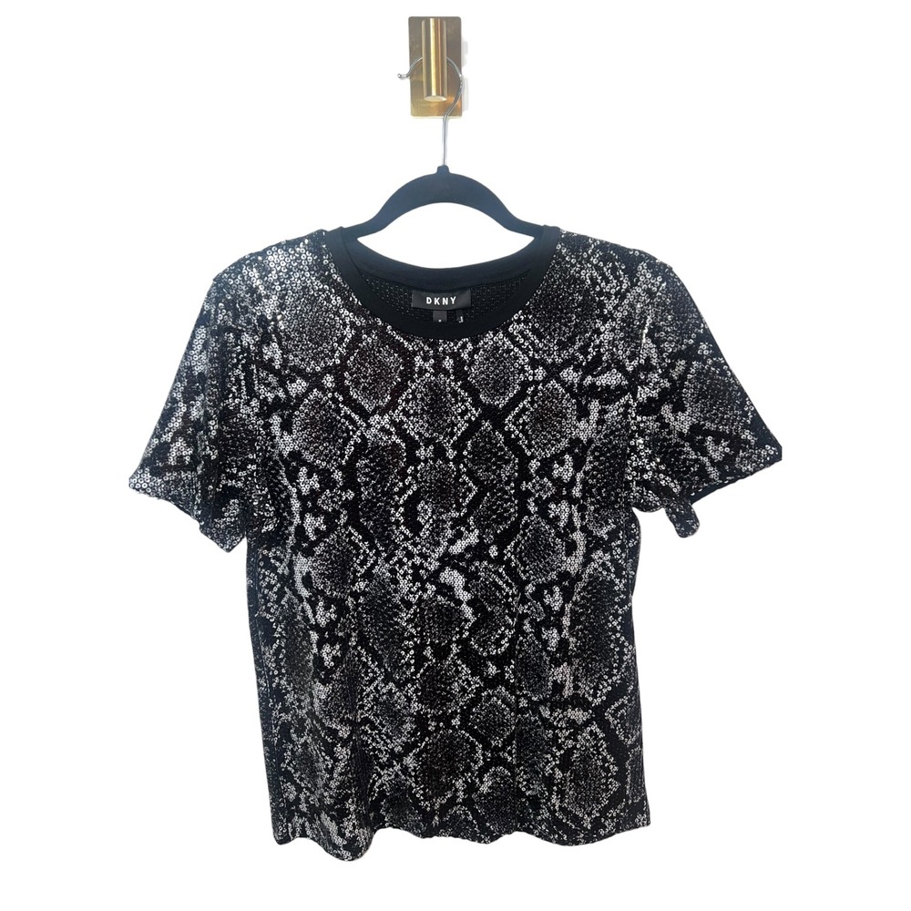 NEW DKNY Luxe Snake Print Cotton Sequin Top Black Silver Short Sleeve Sparkle M
